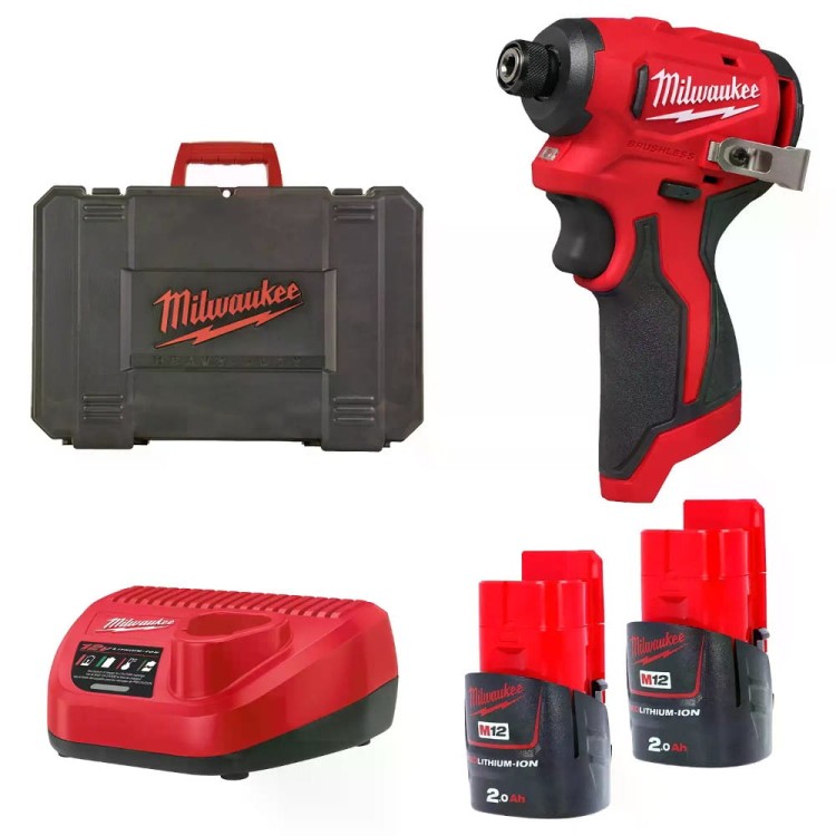 M12 BLIDRC-202C - Kompaktowa zakrętarka udarowa 1/4" HEX 12 V, 2.0 Ah, w walizce, z 2 akumulatorami i ładowarką, 4933499690