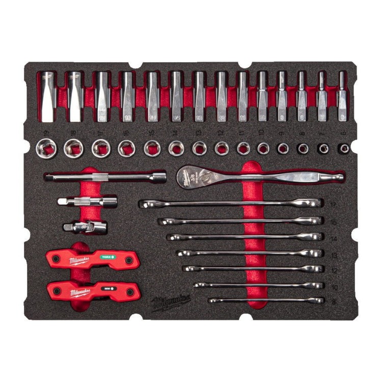 Zestaw piankowy do szuflady PACKOUT z kluczami płasko-oczkowymi z grzechotką (55 szt.) 4932493640 - techniktools