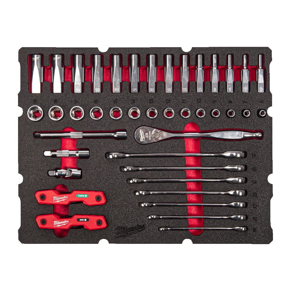 Zestaw piankowy do szuflady PACKOUT z kluczami płasko-oczkowymi z grzechotką (55 szt.) 4932493640 - techniktools